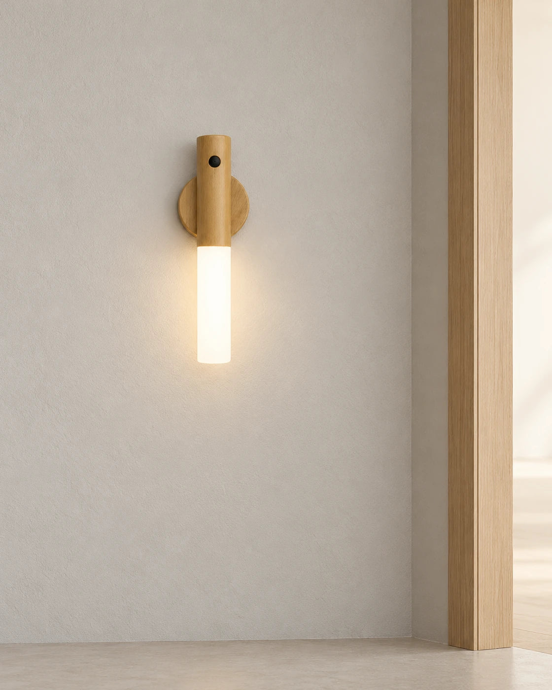 Musong wood-tone wall light along a hallway