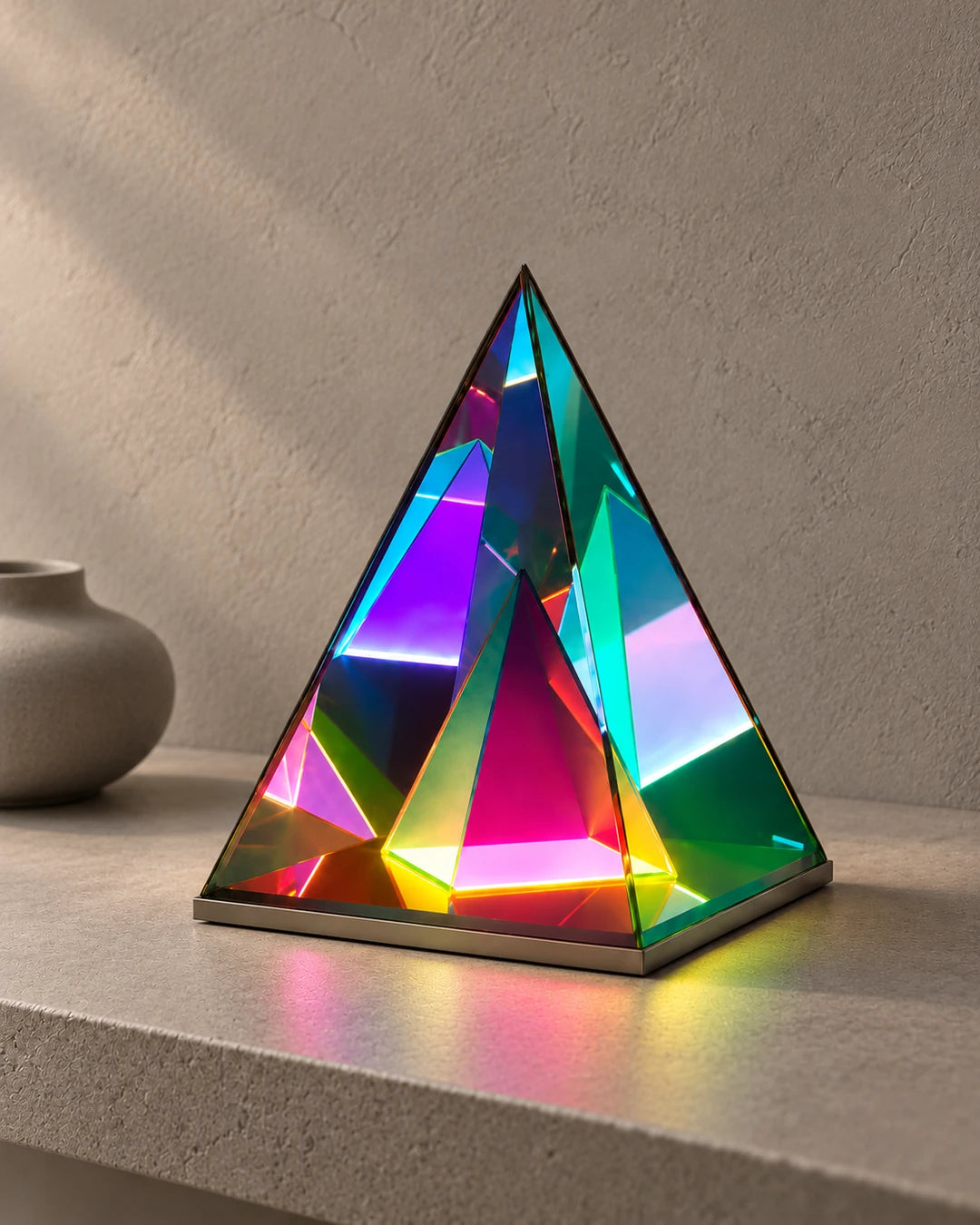 Samgara pyramid lamp on a pale stone shelf