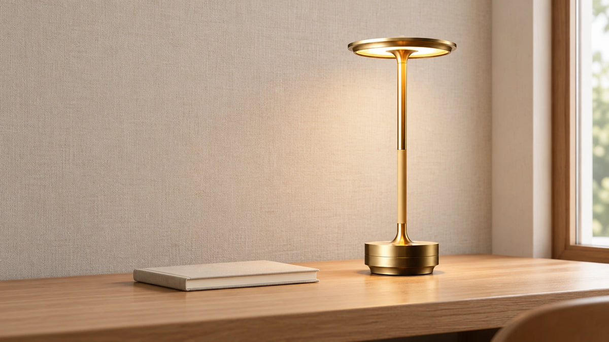 Tsukuma gold-finish desk lamp in an office setting