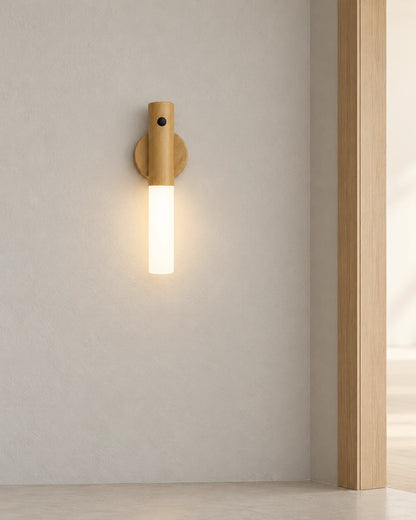 Musong wood-tone wall light along a hallway