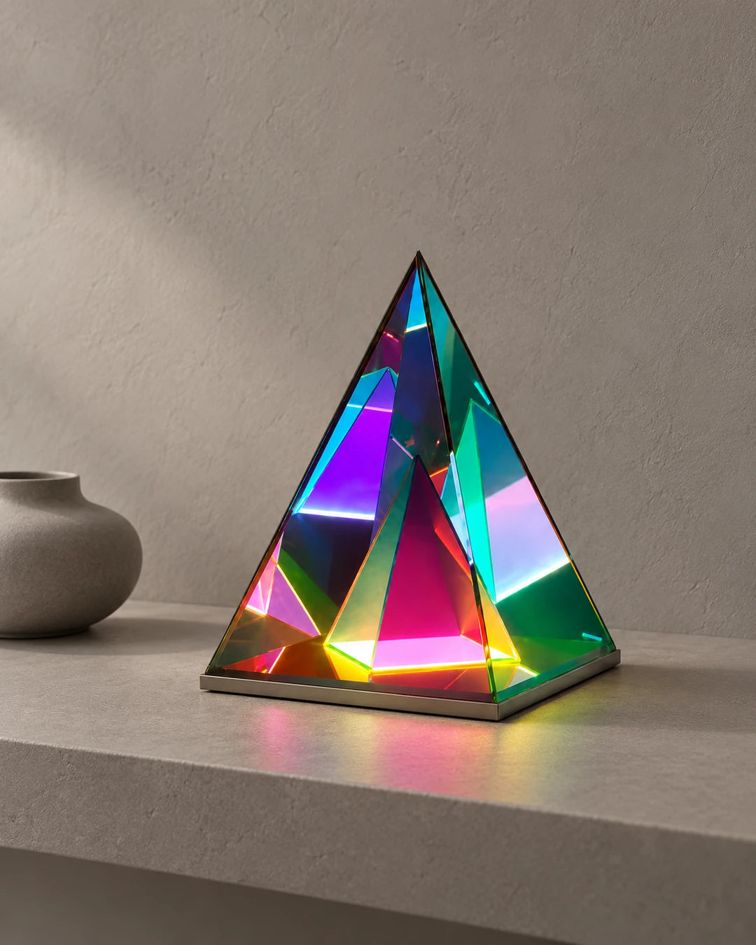 Samgara pyramid lamp on light shelf