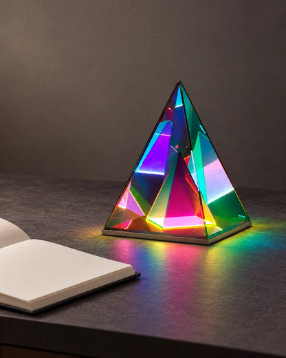 Samgara pyramid accent lamp beside an open book