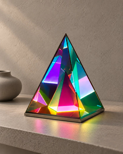 Samgara pyramid lamp on a pale stone shelf