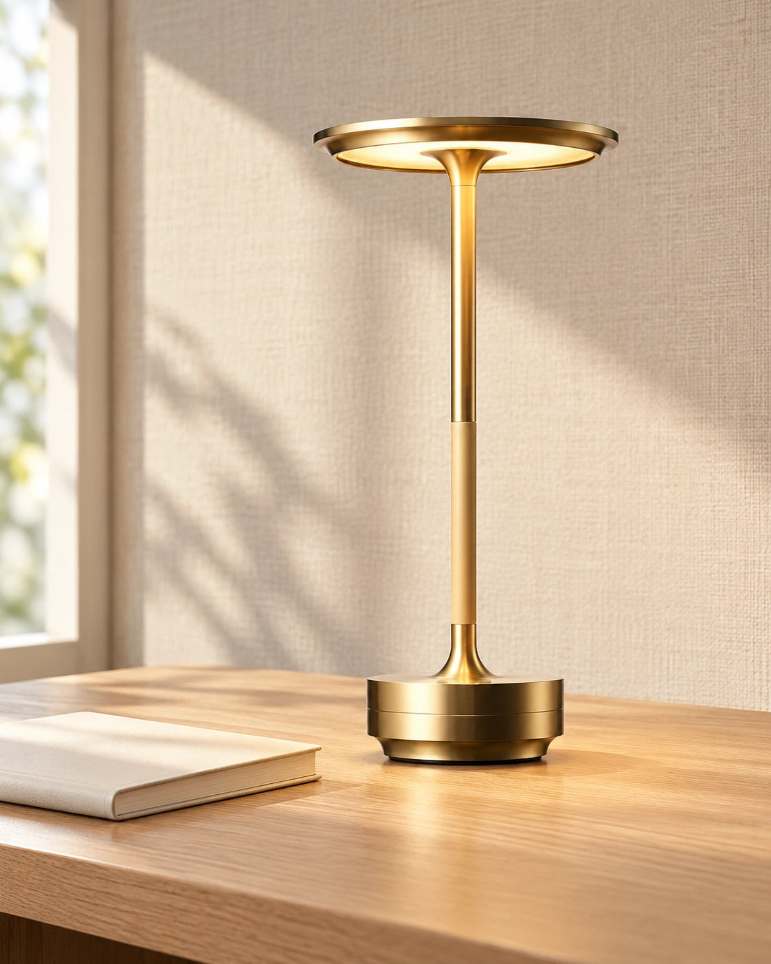 Tsukuma gold desk lamp by window