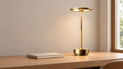 Tsukuma gold-finish desk lamp in an office setting