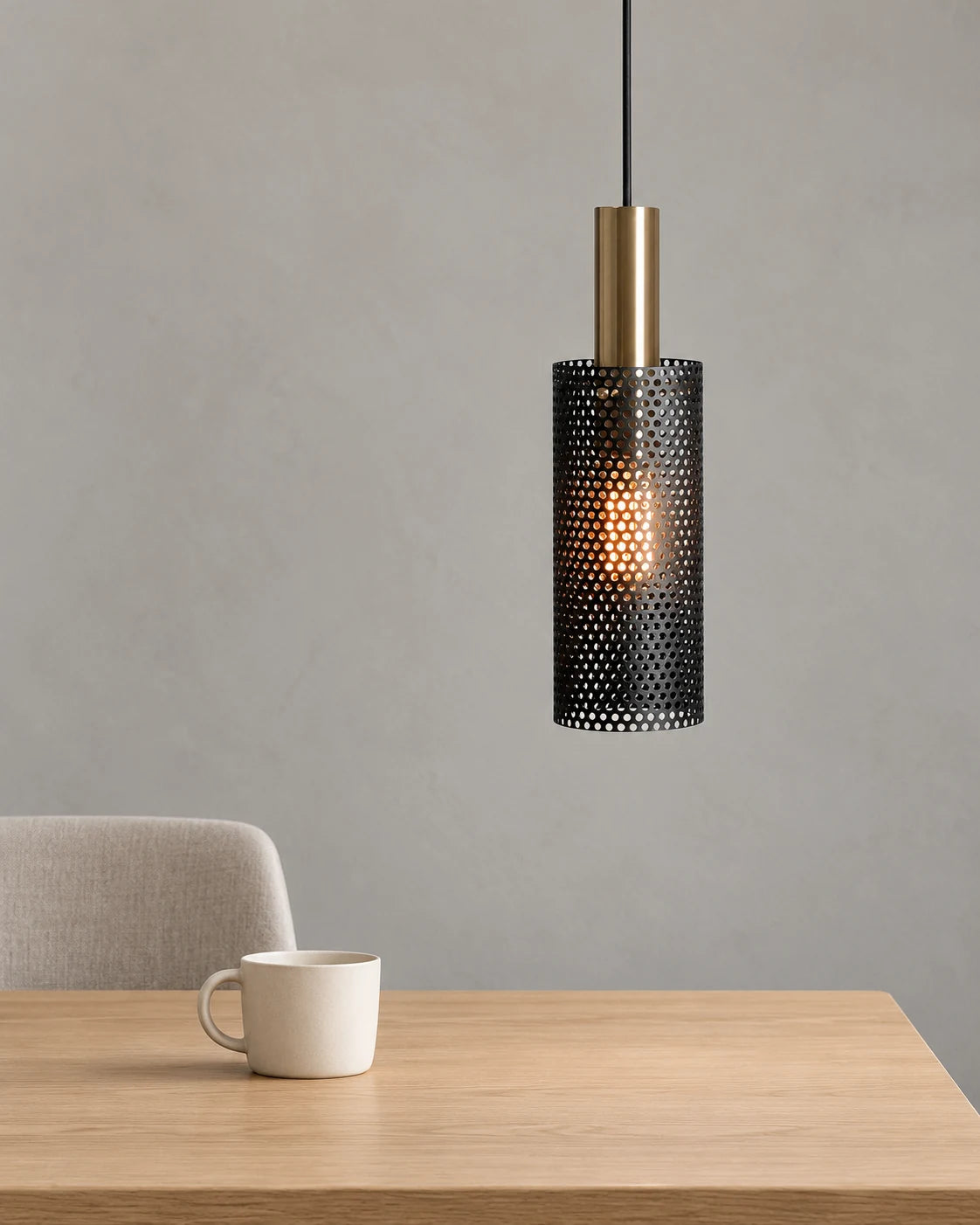Zhulan black pendant above wooden table