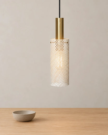 Zhulan white cylinder pendant above a wooden table